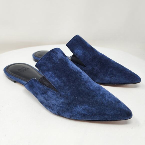 Marc Fisher Shiloh Flat Mule Women 7M Navy Blue Suede Pointed Toe Leather Sole - Picture 1 of 11